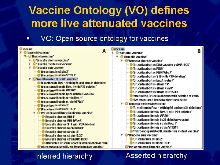 Vaccine Ontology (VO) defines more live attenuated vaccines § VO: Open source ontology for