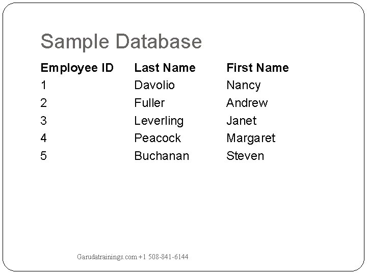 Sample Database Employee ID 1 2 3 4 5 Last Name Davolio Fuller Leverling Sample Database Employee ID 1 2 3 4 5 Last Name Davolio Fuller Leverling