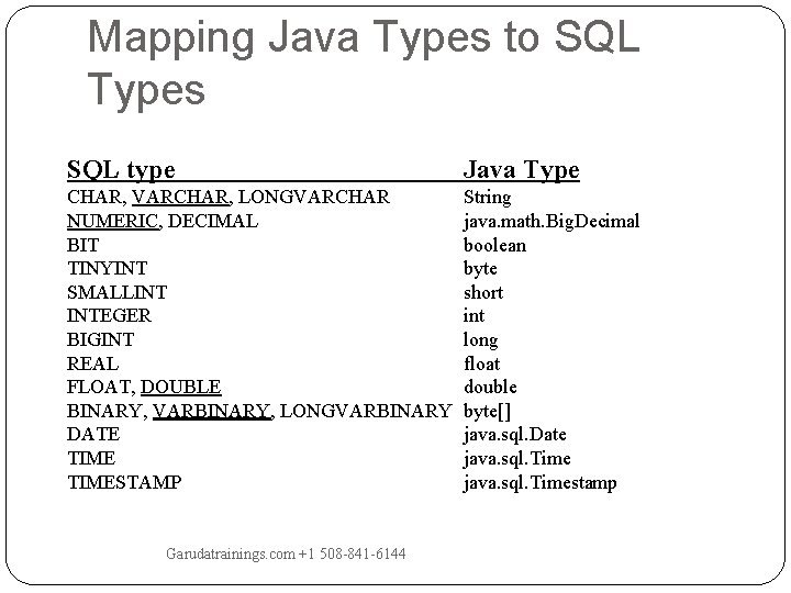 Mapping Java Types to SQL Types SQL type Java Type CHAR, VARCHAR, LONGVARCHAR NUMERIC, Mapping Java Types to SQL Types SQL type Java Type CHAR, VARCHAR, LONGVARCHAR NUMERIC,