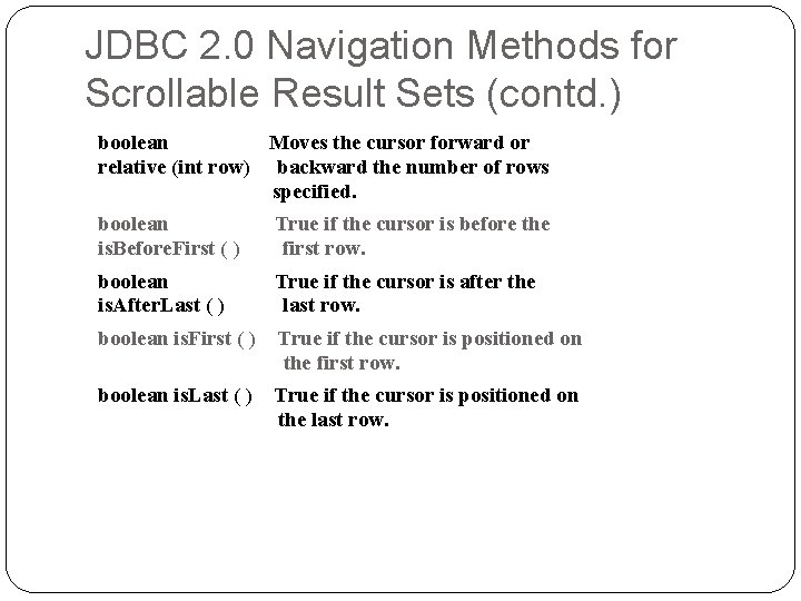 JDBC 2. 0 Navigation Methods for Scrollable Result Sets (contd. ) boolean Moves the JDBC 2. 0 Navigation Methods for Scrollable Result Sets (contd. ) boolean Moves the