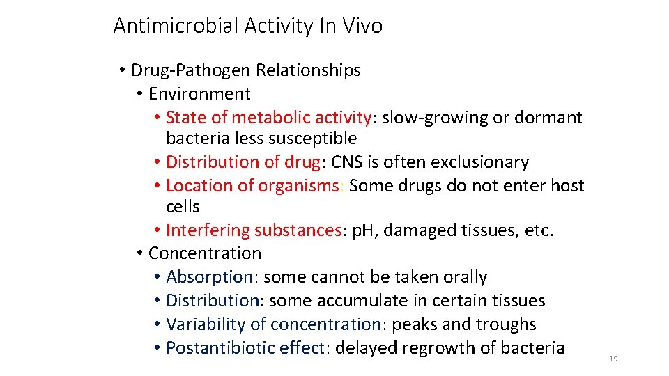 Antimicrobial Activity In Vivo • Drug-Pathogen Relationships • Environment • State of metabolic activity: