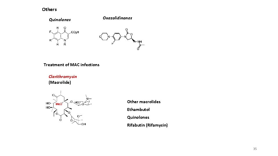 Others Quinolones Oxazolidinones Treatment of MAC infections Clarithromycin (Macrolide) Other macrolides Ethambutol Quinolones Rifabutin