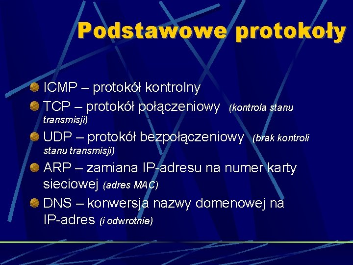 Podstawowe protokoły ICMP – protokół kontrolny TCP – protokół połączeniowy (kontrola stanu transmisji) UDP