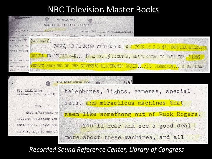 NBC Television Master Books Recorded Sound Reference Center, Library of Congress 