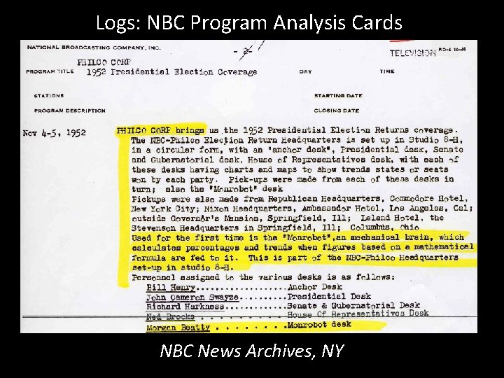 Logs: NBC Program Analysis Cards NBC News Archives, NY 