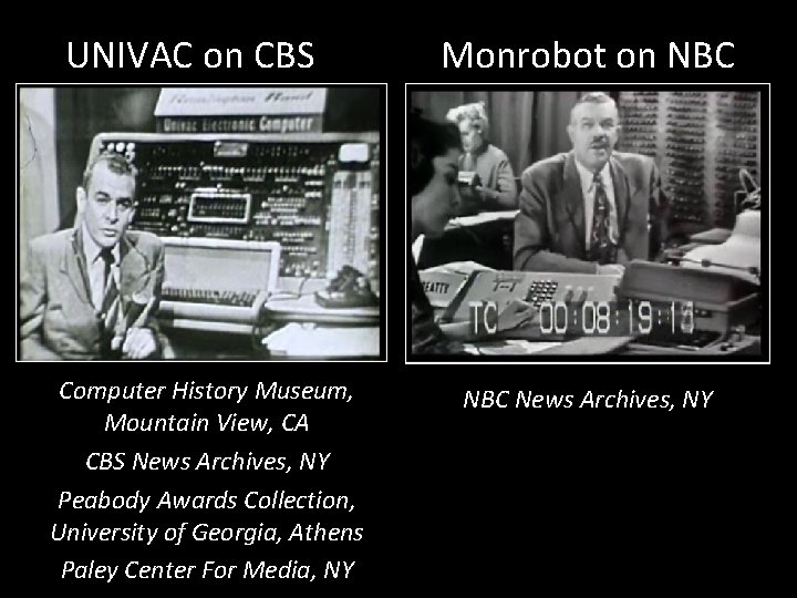UNIVAC on CBS Monrobot on NBC 1952 Election-night footage Computer History Museum, Mountain View,
