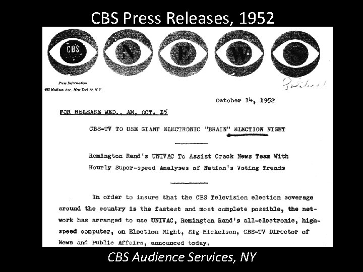CBS Press Releases, 1952 CBS Audience Services, NY 