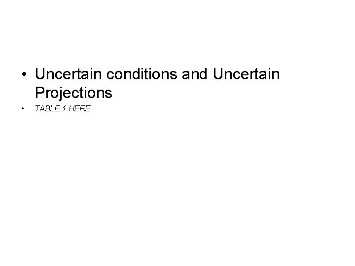  • Uncertain conditions and Uncertain Projections • TABLE 1 HERE 