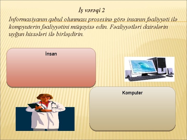 İş vərəqi 2 İnformasiyanın qəbul olunması prosesinə görə insanın fəaliyyəti ilə kompyuterin fəaliyyətini müqayisə