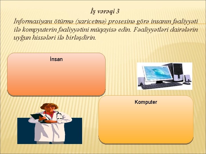 İş vərəqi 3 İnformasiyanı ötürmə (xaricetmə) prosesinə görə insanın fəaliyyəti ilə kompyuterin fəaliyyətini müqayisə