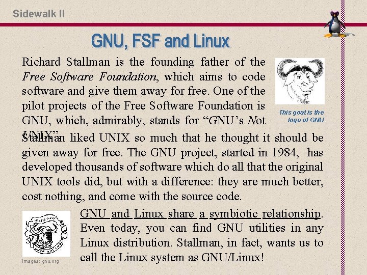 Sidewalk II Richard Stallman is the founding father of the Free Software Foundation, which