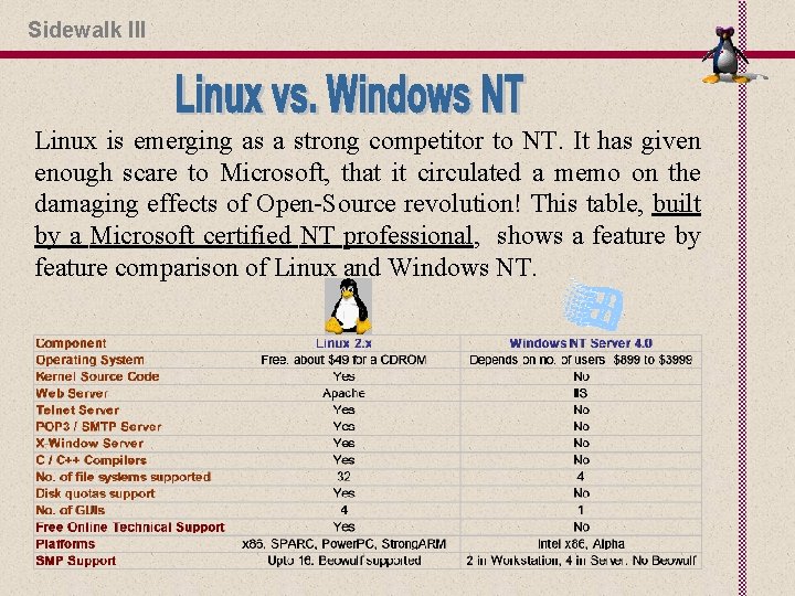 Sidewalk III Linux is emerging as a strong competitor to NT. It has given