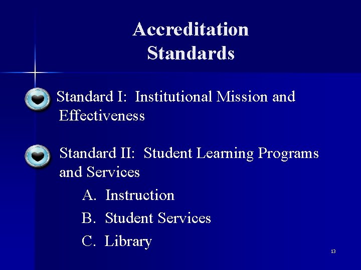 Accreditation Standards Standard I: Institutional Mission and Effectiveness Standard II: Student Learning Programs and