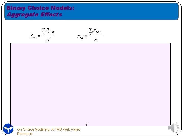Binary Choice Models: Aggregate Effects 7 On Choice Modeling: A TRB Web Video Resource