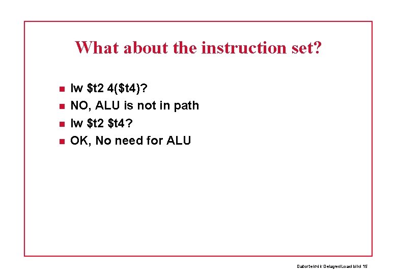 What about the instruction set? lw $t 2 4($t 4)? NO, ALU is not