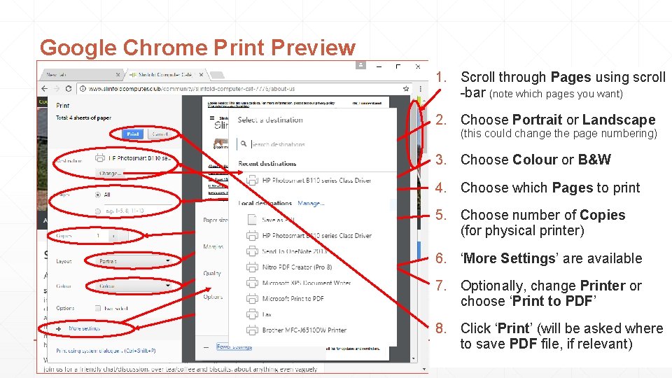 Google Chrome Print Preview 1. Scroll through Pages using scroll -bar (note which pages