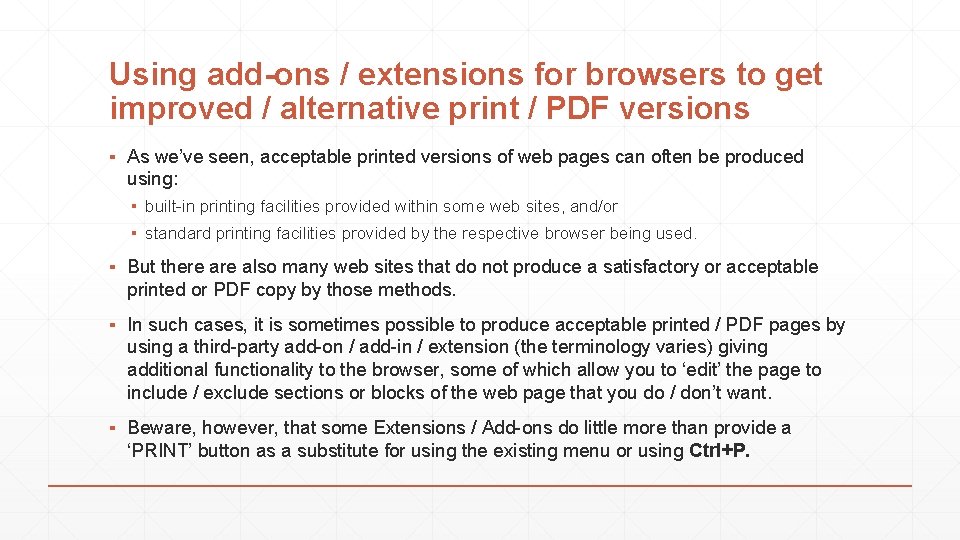 Using add-ons / extensions for browsers to get improved / alternative print / PDF