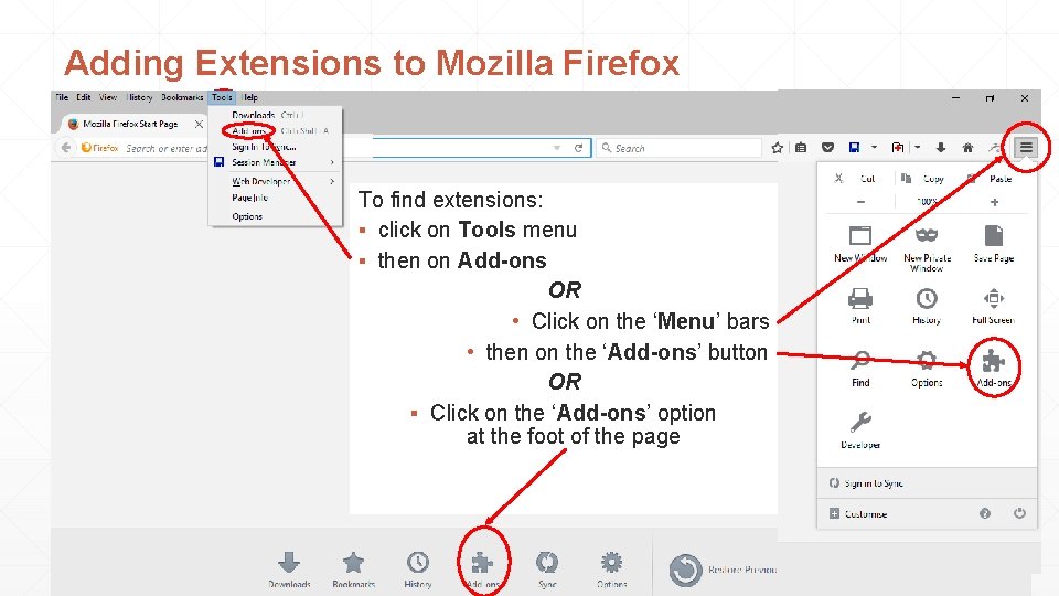 Adding Extensions to Mozilla Firefox To find extensions: ▪ click on Tools menu ▪
