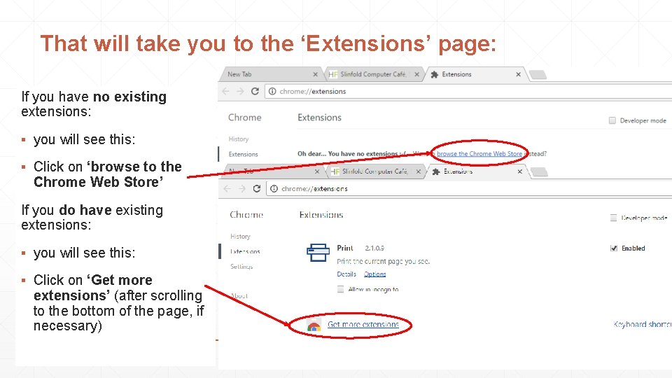 That will take you to the ‘Extensions’ page: If you have no existing extensions: