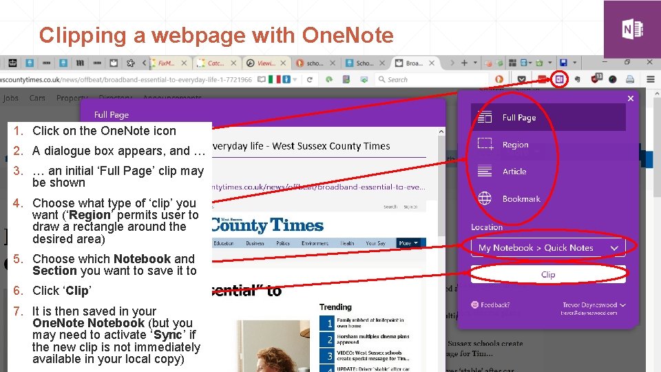 Clipping a webpage with One. Note 1. Click on the One. Note icon 2.