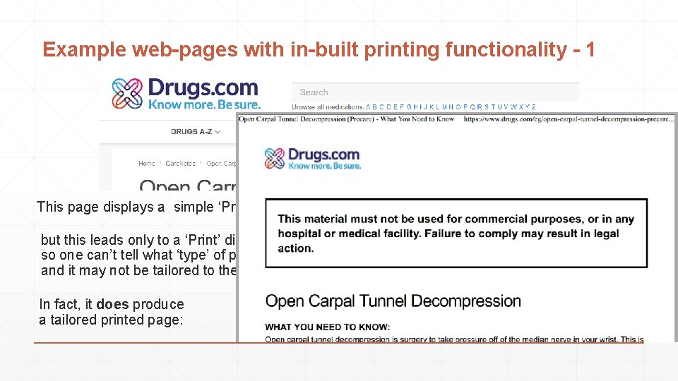 Example web-pages with in-built printing functionality - 1 This page displays a simple ‘Print’