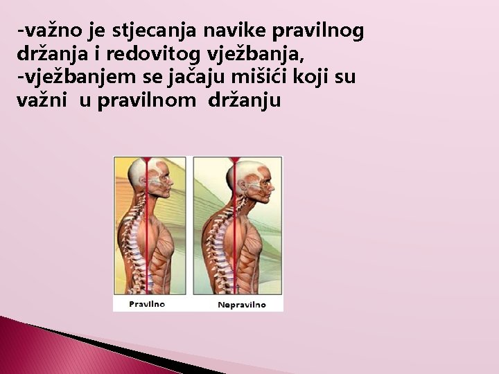 -važno je stjecanja navike pravilnog držanja i redovitog vježbanja, -vježbanjem se jačaju mišići koji