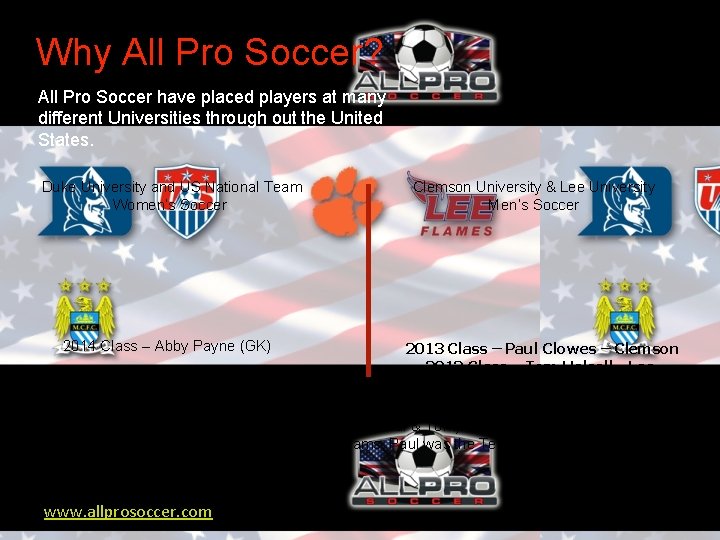 Why All Pro Soccer? All Pro Soccer have placed players at many different Universities