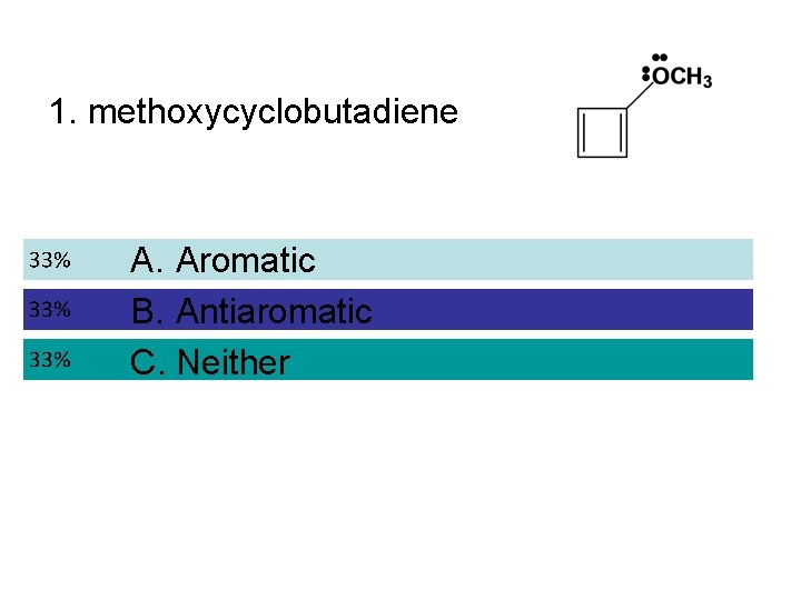1. methoxycyclobutadiene A. Aromatic B. Antiaromatic C. Neither 