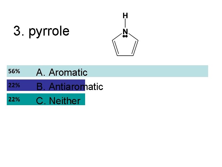 3. pyrrole A. Aromatic B. Antiaromatic C. Neither 