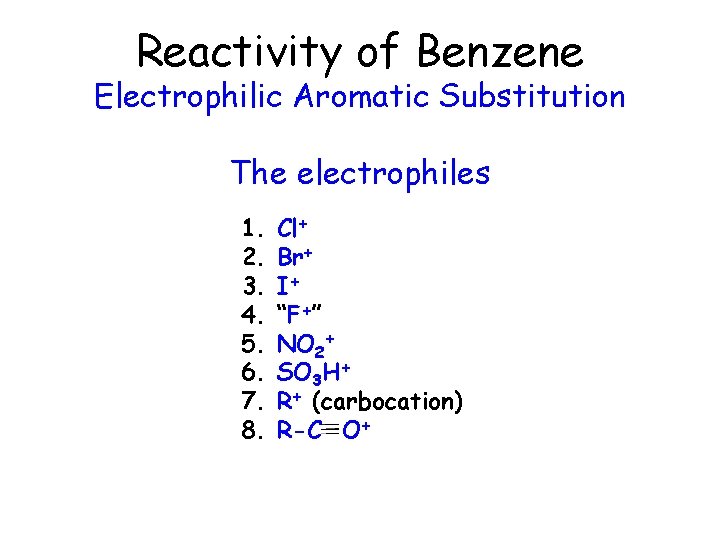 Reactivity of Benzene Electrophilic Aromatic Substitution The electrophiles 1. 2. 3. 4. 5. 6.