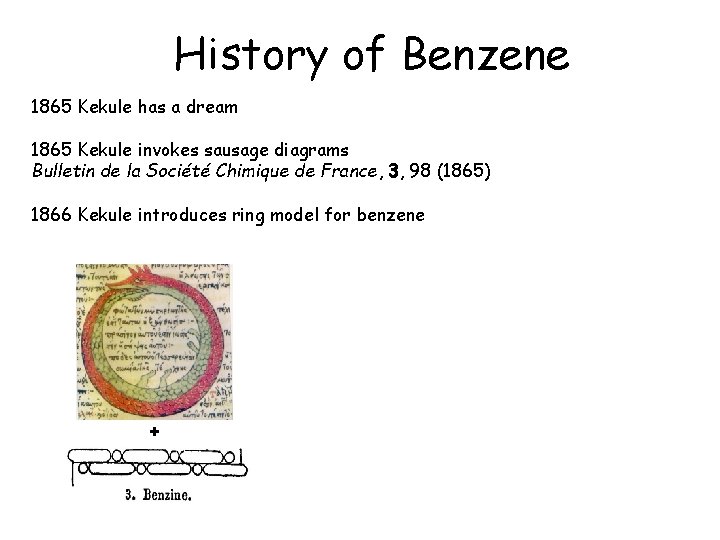 History of Benzene 1865 Kekule has a dream 1865 Kekule invokes sausage diagrams Bulletin