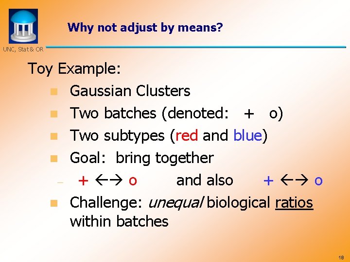 Why not adjust by means? UNC, Stat & OR Toy Example: n Gaussian Clusters