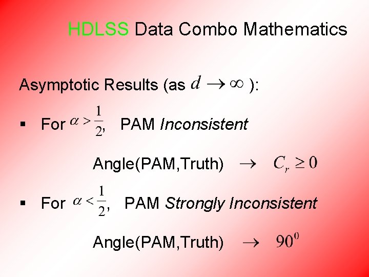 HDLSS Data Combo Mathematics Asymptotic Results (as § For ): , PAM Inconsistent Angle(PAM,