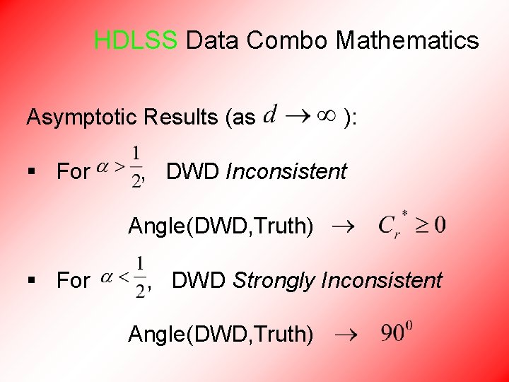 HDLSS Data Combo Mathematics Asymptotic Results (as § For ): , DWD Inconsistent Angle(DWD,