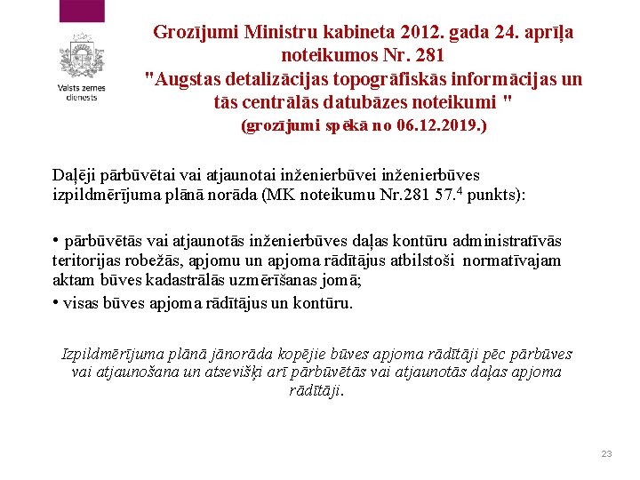 Grozījumi Ministru kabineta 2012. gada 24. aprīļa noteikumos Nr. 281 "Augstas detalizācijas topogrāfiskās informācijas