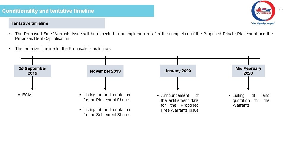 17 Conditionality and tentative timeline Tentative timeline • The Proposed Free Warrants Issue will
