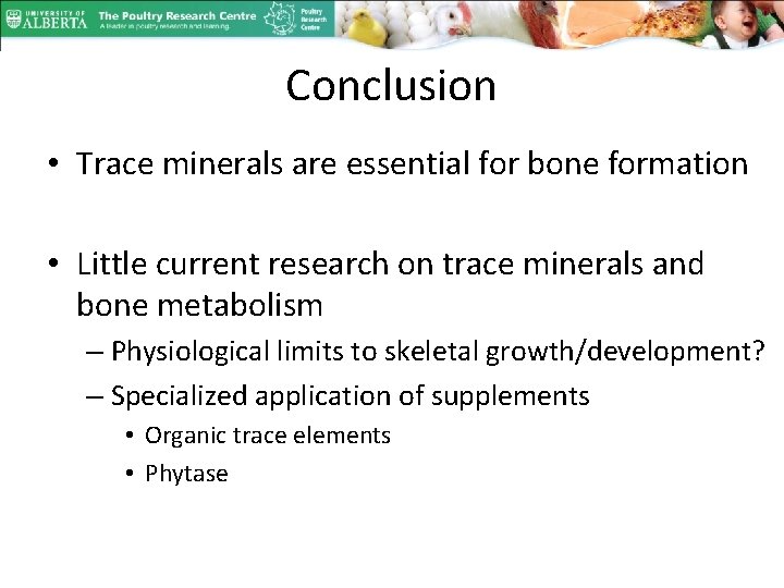 Conclusion • Trace minerals are essential for bone formation • Little current research on