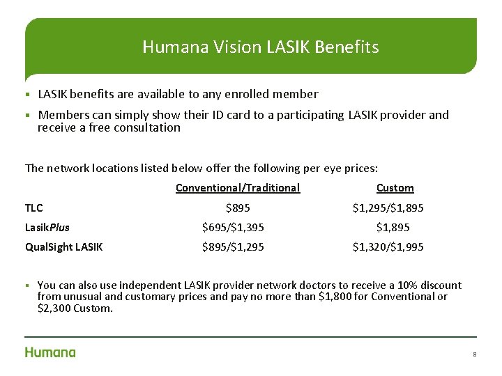 Humana Vision LASIK Benefits § LASIK benefits are available to any enrolled member §