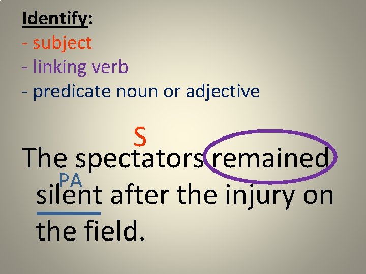 Identify: - subject - linking verb - predicate noun or adjective S The spectators