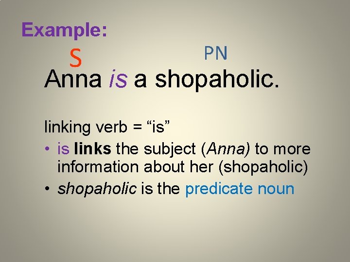 Example: S PN Anna is a shopaholic. linking verb = “is” • is links