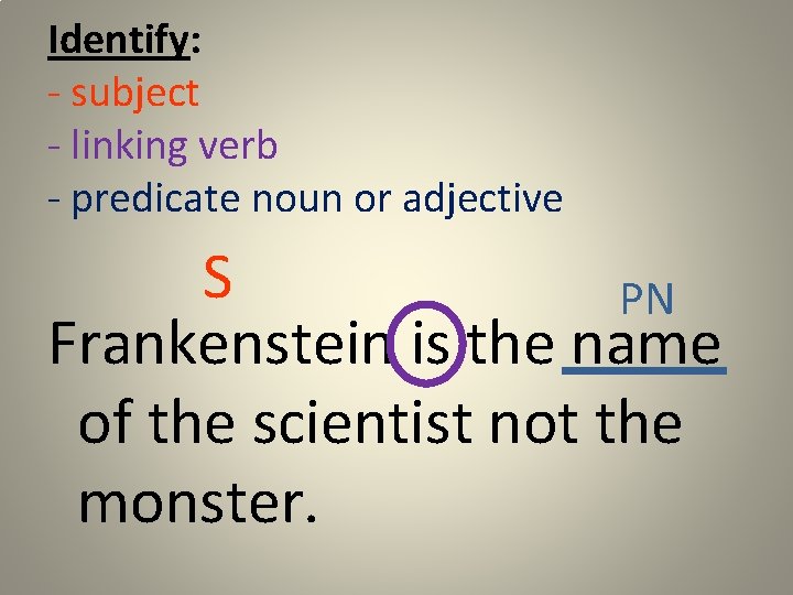 Identify: - subject - linking verb - predicate noun or adjective S PN Frankenstein