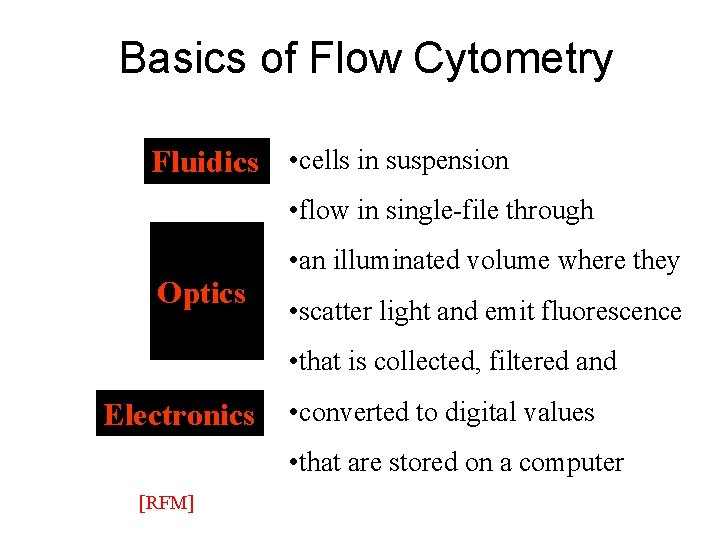 Basics of Flow Cytometry Fluidics • cells in suspension • flow in single-file through