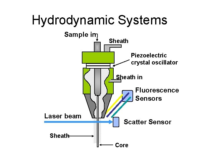 Hydrodynamic Systems Sample in Sheath Piezoelectric crystal oscillator Sheath in Fluorescence Sensors Laser beam