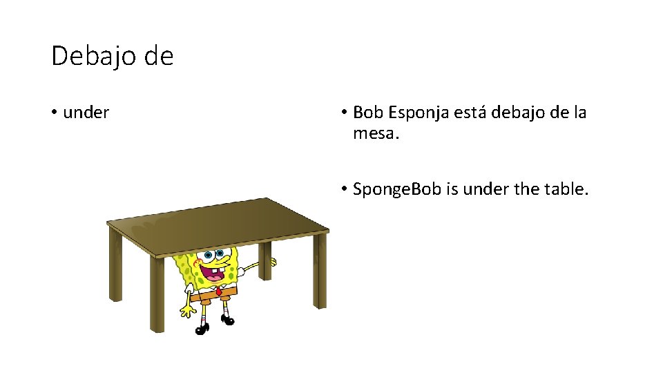 Debajo de • under • Bob Esponja está debajo de la mesa. • Sponge.