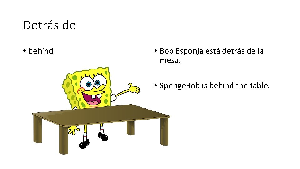 Detrás de • behind • Bob Esponja está detrás de la mesa. • Sponge.