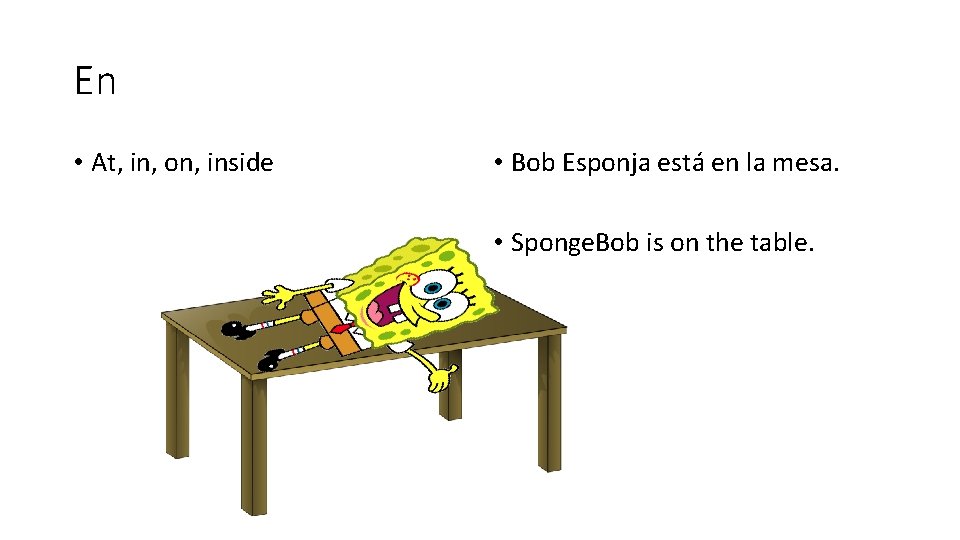 En • At, in, on, inside • Bob Esponja está en la mesa. •