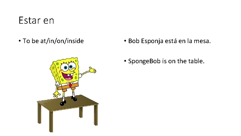 Estar en • To be at/in/on/inside • Bob Esponja está en la mesa. •