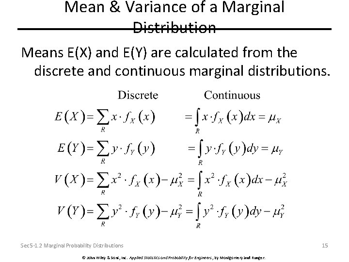Mean & Variance of a Marginal Distribution Means E(X) and E(Y) are calculated from