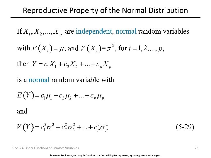 Reproductive Property of the Normal Distribution Sec 5 -4 Linear Functions of Random Variables