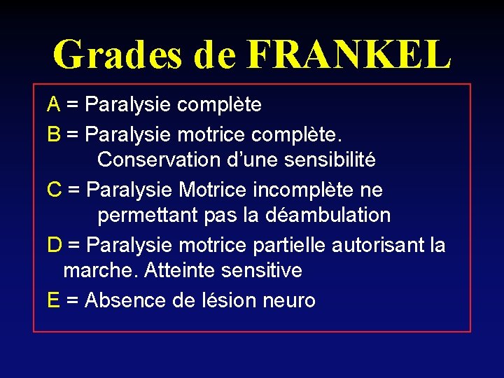 Grades de FRANKEL A = Paralysie complète B = Paralysie motrice complète. Conservation d’une